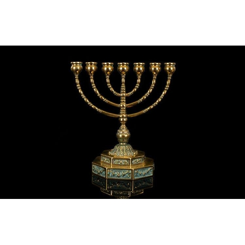 1285 - Judacia Interest. Antique Period 7 Branches Brass Golden Menorah. Stands 10.25 Inches High. Excellen... 