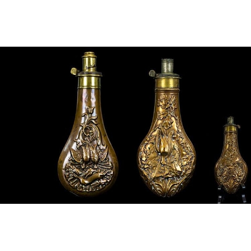 1310 - English - James Dixon and Sons -  Mid 19th Century Copper Powder Flasks with Brass Trim. Calibrated ... 