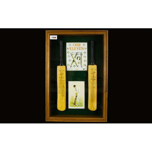 1348 - Cricket Interest Framed Display Montage Glazed wall display contains two miniature cricket bats - Au... 