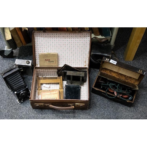 1427 - Mixed Lot Comprising Bergheil Compur Camera, Collection Of Glass Plates, Leather case etc