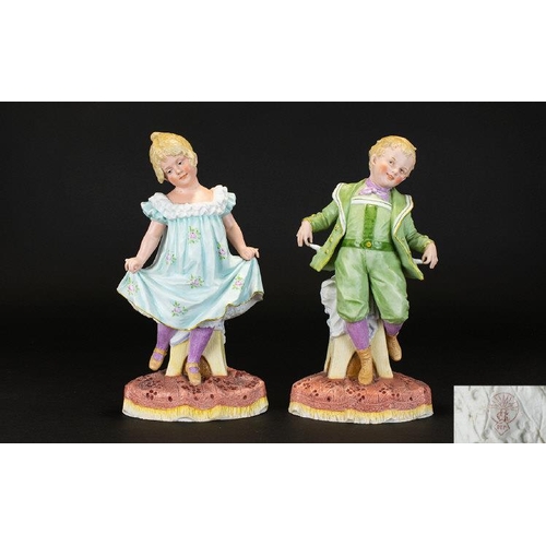 413 - Heuback - German Fine Quality Pair of Hand Painted Bisque Figures of a Young Boy & Girl, 19th Centur... 