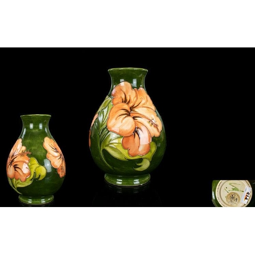 414 - Moorcroft - Signed Tube lined Ovoid Shaped Vase ' Coral Hibiscus ' Design on Emerald Green Ground, M... 