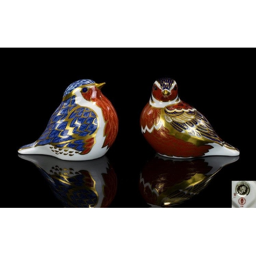 424 - Royal Crown Derby Pair of Bird Paperweights. Comprises 1/ Robin. Gold Stopper, Date 1994. 2/ Partrid... 