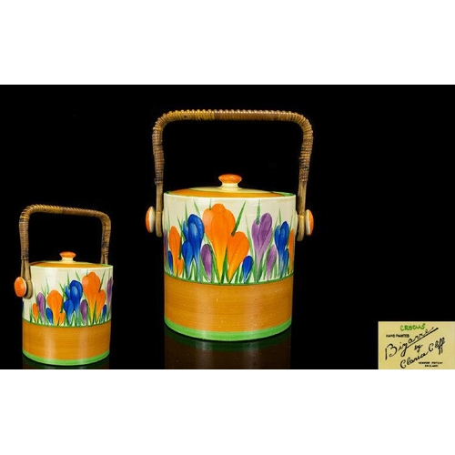 462 - Clarice Cliff Large Hand Painted Round Shaped Lidded Biscuit Barrel, In The ' Crocus ' Design. Date ... 