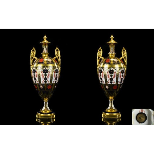 473 - Royal Crown Derby Pair of Old Imari Gold Band Twin Handle Urn Shaped Lidded Vases. Pattern Num 1128 ... 