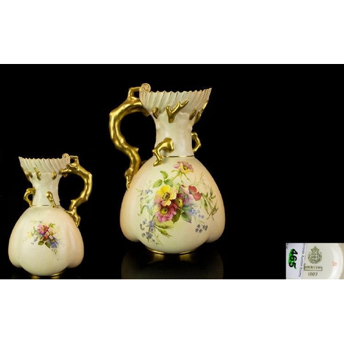 473A - Royal Worcester - Large Hand Painted Floral Blush Ivory Jug, with Painted Gold Naturalistic Handle -... 