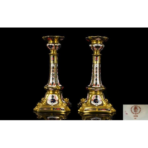 474 - Royal Crown Derby Fine Quality Pair of Old Imari Gold Band Large and Impressive Candlesticks. Patter... 