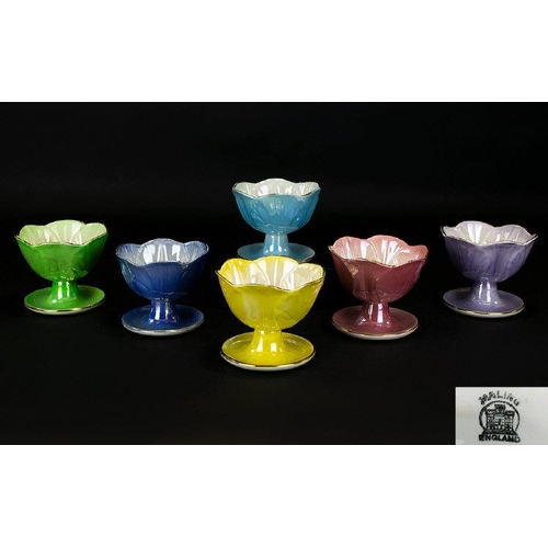 479 - Maling - 1930's Set of Six Iridescent Glazed Harlequin Sundae Dishes - Lily Design. All Dishes Marke... 