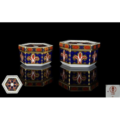 495 - Royal Crown Derby Six Sided Pair of Lidded Boxes. Pattern No 1297 & Dates 1989. 2.5 Inches Diameter ... 