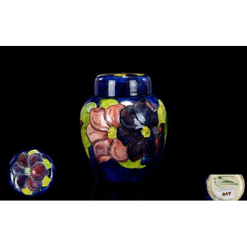 517 - Moorcroft Tube lined and Signed Lidded Ginger Jar ' Clematis ' Design on Blue Ground. Moorcroft Labe... 