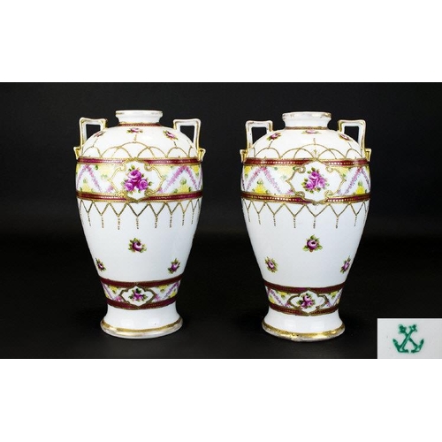 546 - Bavarian Fine Pair of Hand Decorated Quality Porcelain Vases. c.1890 - 1900. Green Crossed Anchors t... 