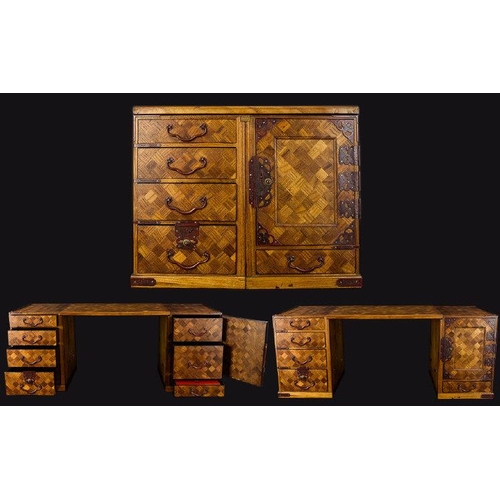 810 - Japanese Antique Tansu, Parquetry Travelling Writing Desk, The Removable top flanked by four drawers... 