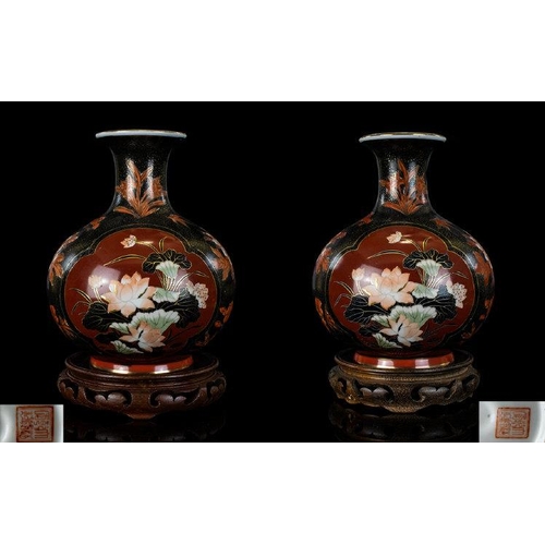 822 - Japanese Pair of Ceramic Early 20th Century Globular Shaped Vases, Decorated with Images of Water Li... 