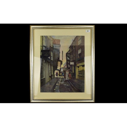 991 - Original Pastel Drawing By A Collins 'The Shambles York' Framed pastel drawing depicting a group of ... 