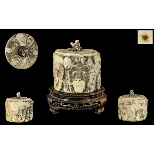 865 - Japanese Meiji Period Carved Ivory Lidded Round Box of fine quality workmanship with detailed carvin... 