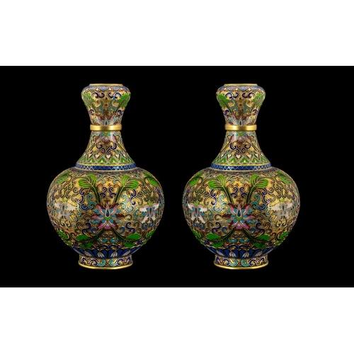 867 - Pair of Chinese Cloisonne Garlic Necked Vases of Fine Quality with Floral Famile Rose Coloured Ename... 