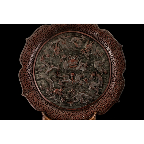 800 - Qing Dynasty Cinnabar Lacquered Antique Imperial Chinese Quadrafoil form Shaped Dish of extremely fi... 