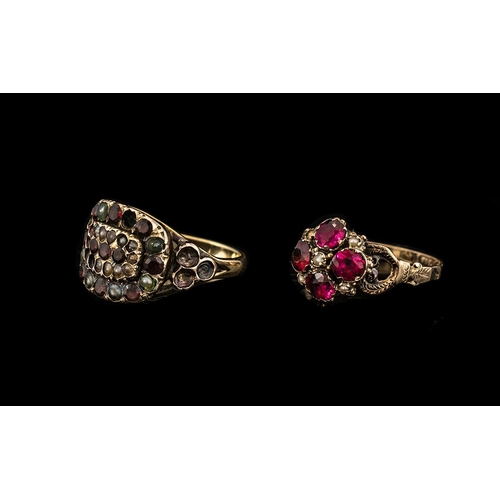 213 - Two Gold Antique Rings Both Set With Garnet Coloured Stones And Seed Pearls, Both Closed Backs, One ... 