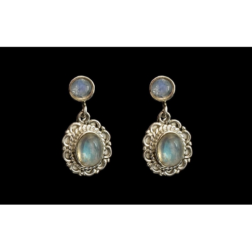 327 - Rainbow Moonstone Drop Earrings, oval cut cabochons of the misty white moonstone with inner flashes ... 