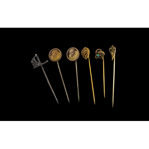 369 - Collection of Six Antique Tie Pins, comprising a sword shape; two set with photographs; and three st... 