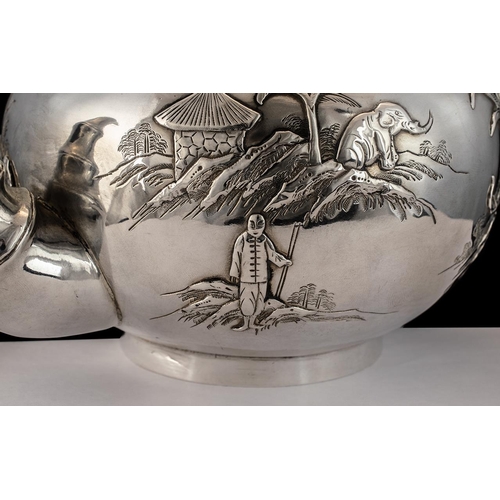 77 - Chinese Export Superb Quality & Impressive Signed 3 Piece Silver Tea Service.  Wonderful design, the... 