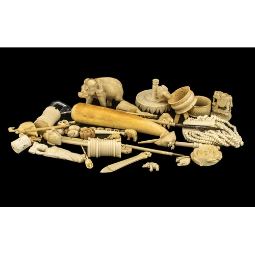 810 - Large Collection of Antique Oriental Ivory Miscellaneous Items comprising odd chess pieces, three ch... 