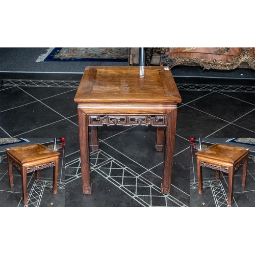 813 - Small Chinese Hardwood Side Table with a carved fret-work frieze of typical Ming period design, on s... 