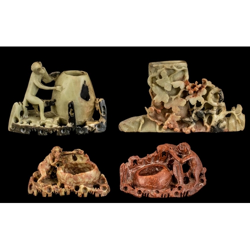 836 - A Collection Of Chinese Carved Soap Stone Brush Pots - Four In Total, Comprising Monkeys, Rats Etc. ... 