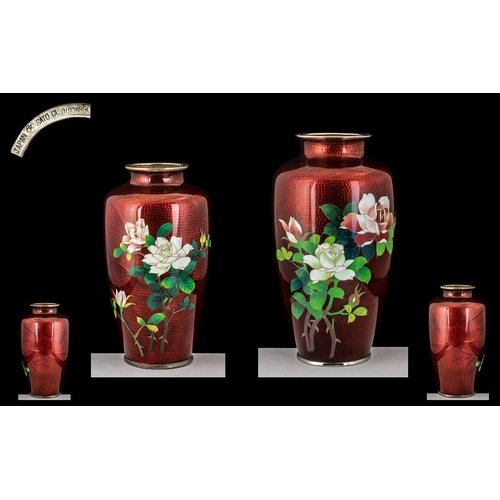 843 - Two Japanese Translucent Dragon's Blood Colour Enamel Vases, chromed rims to the base and top; stamp... 