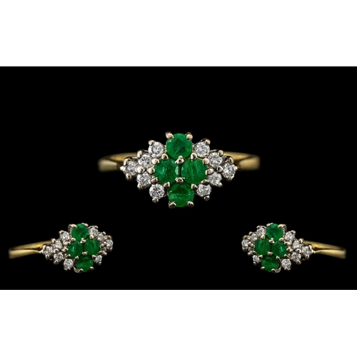 13 - 18ct Gold - Attractive Ladies Emerald and Diamond Set Dress Ring - Pleasing Design. Full Hallmark fo... 