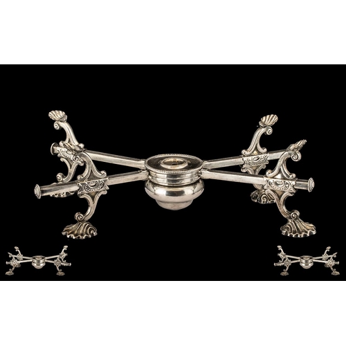 168 - Unusual Antique Silver Plated Adjustable Travelling Entree Dish Stand with spirit burner; standing o... 