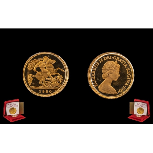 176 - Queen Elizabeth II Royal Mint 22ct Gold Proof Struck Half Sovereign.  Date 1980.  Proof struck coin ... 