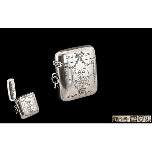 184 - Edwardian Period Solid Silver Hinged Vesta Case with Engraved Classical Decoration to Front. Hallmar... 