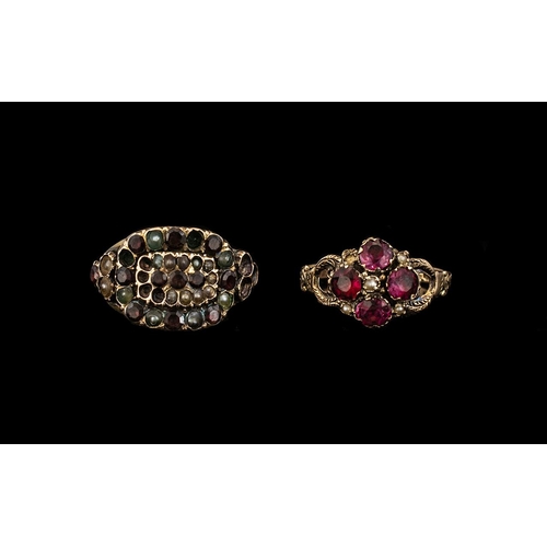213 - Two Gold Antique Rings Both Set With Garnet Coloured Stones And Seed Pearls, Both Closed Backs, One ... 
