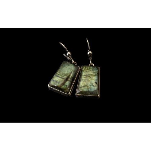 322 - Labradorite Large Solitaire Drop Earrings, each earring having a 15ct geometric cabochon cut of labr... 