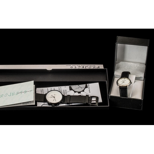 341 - Time Chain Designer Watch in original box on black leather strap, with a Projects Designed watch in ... 