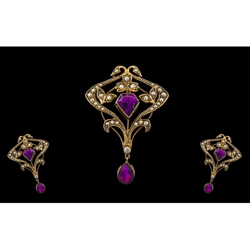 38 - Antique Period - Excellent 9ct Gold Ornate Amethyst and Seed Pearl Pendant / Drop - Brooch. Marked 9... 