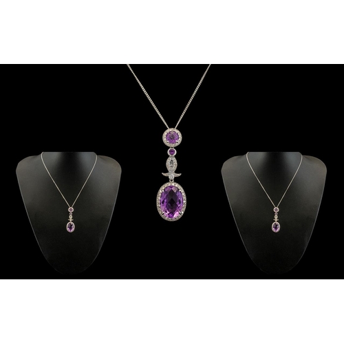 42 - 18ct White Gold Superb Quality Diamond and Amethyst Set Combined Necklace - Pendant Drop of pleasing... 