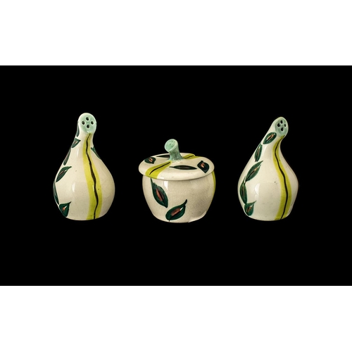 677 - Midwinter Jessica Tait Onion Shape Cruet Set, circa 1950s, comprising two pepper/salt pots and a mus... 