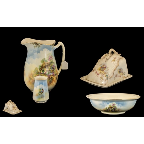 705 - Small Collection of Pottery comprising 1930s wash bowl and jug with matching toothbrush holder, deco... 