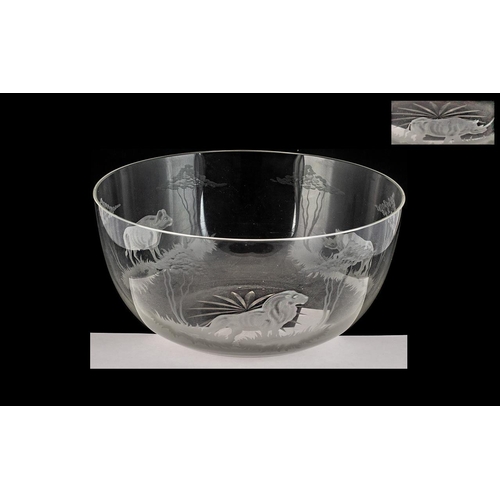 720A - Roland Ward Niarobi Engraved Glass Bowl, Depicting Lions, Buffalo and Rhinos In Landscape. Unsigned.... 