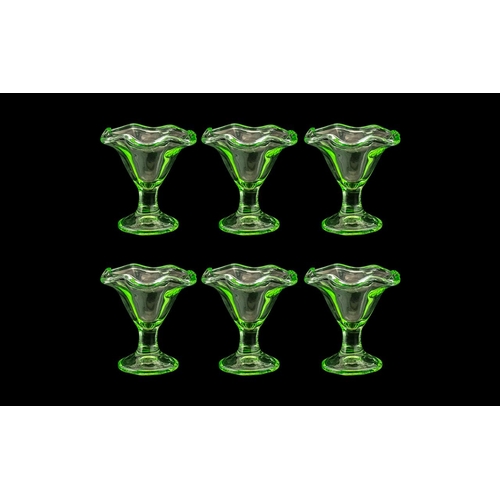 791 - Art Deco Style Green Glass Sundae Dishes with fluted edges, pedestal style, lovely and attractive it... 
