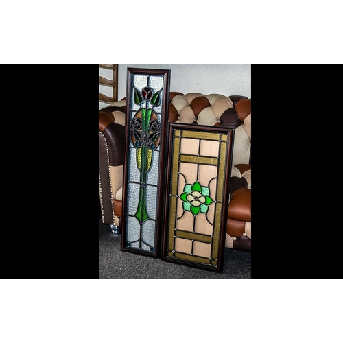 797 - Two Old Pieces of Leaded Glass, in modern frames, with floral decoration; one 46 inches (115cms) x 1... 
