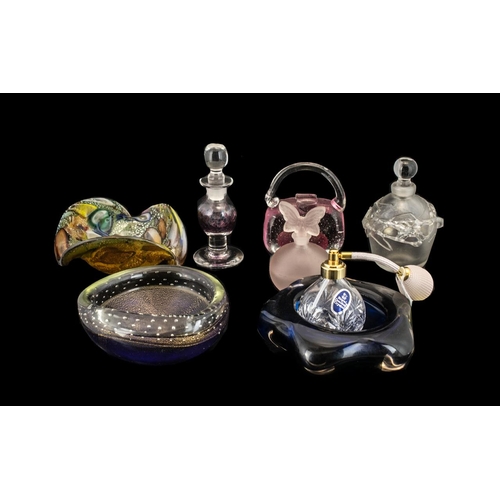 798 - Box of Collectible Quality Glassware, comprising a blue heavy glass dish; a lilac and gold heavy dis... 