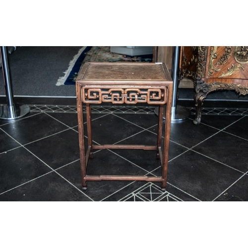 814 - Chinese Antique Hardwood Side Table with a burr root top, intricate carved interlacing frieze design... 