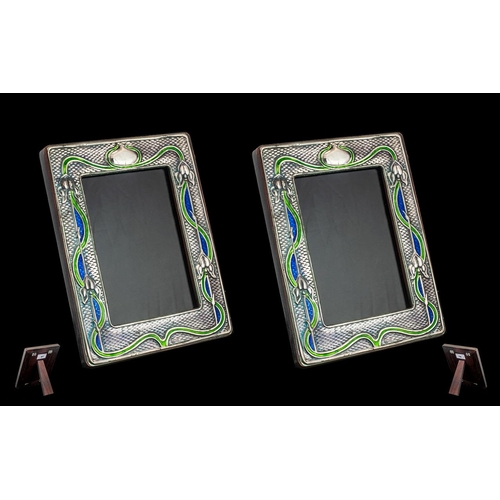 97 - Art Nouveau Style Fine Pair of Sterling Silver & Enamel Photo Frames, each marked Sterling, of sinuo... 