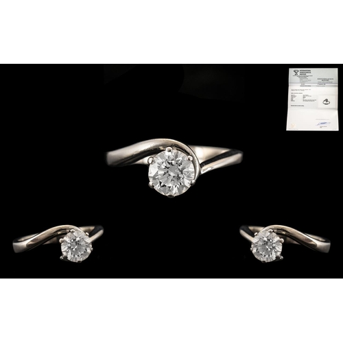 16 - A Contemporary 18ct White Gold Superb Quality Sinle Stone Diamond Set Ring. Comes with An Internatio... 