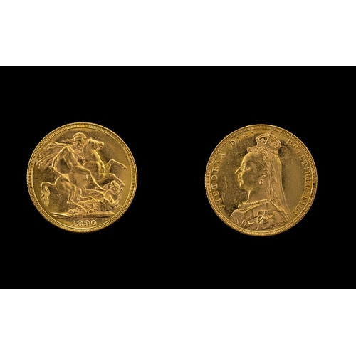 174 - Queen Victoria 22ct Gold Full Sovereign date 1890.  Mint Melbourne.  High Grade Coin.  Please confir... 