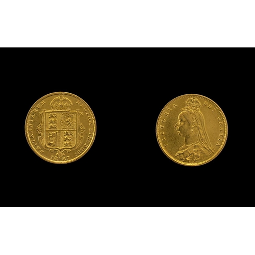 178 - Queen Victoria Jubilee Head/Shield Back Half Sovereign.  Date 1887, London mint.  High Grade Coin.