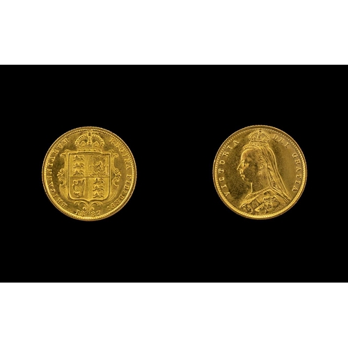 179 - Queen Victoria 22ct Gold Jubilee Head/Shield Back Half Sovereign.  Date 1887.  London mint.  Confirm... 
